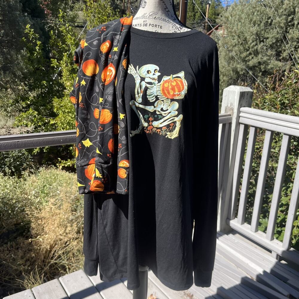 LuLaRoe Womens Halloween Outfit Set 2XL TC2 Skeleton Pumpkin Black Top Leggings